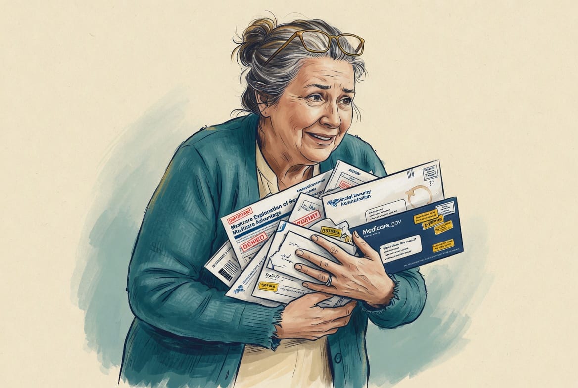 Senior woman overwhelmed by Medicare enrollment mailers in Summerville SC